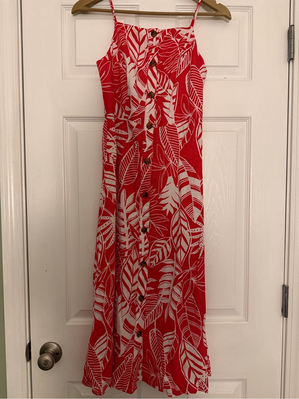 Old Navy Red and White Leaf-Print Midi Button-Front Dress